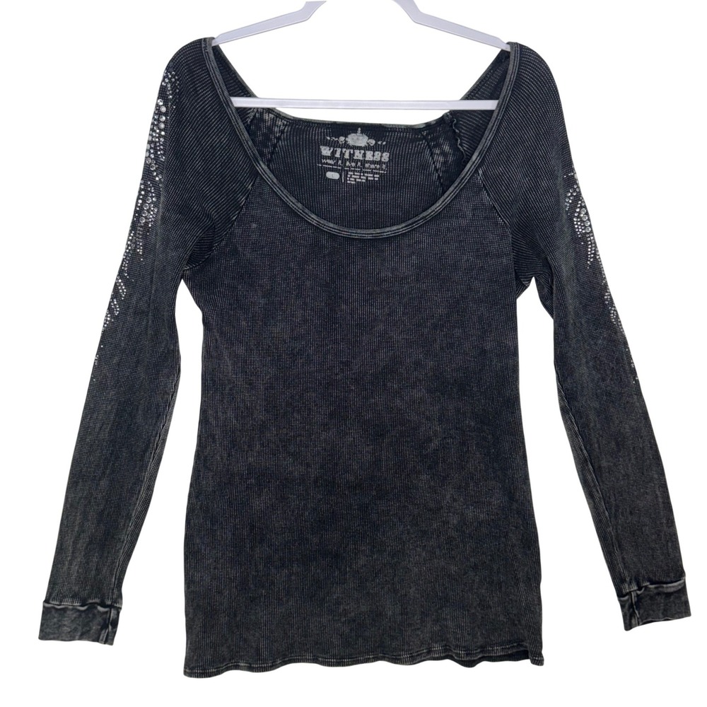 Witness Womens‎ Acid Wash Thermal Top Rhinestone Embellished Waffle Knit Black L